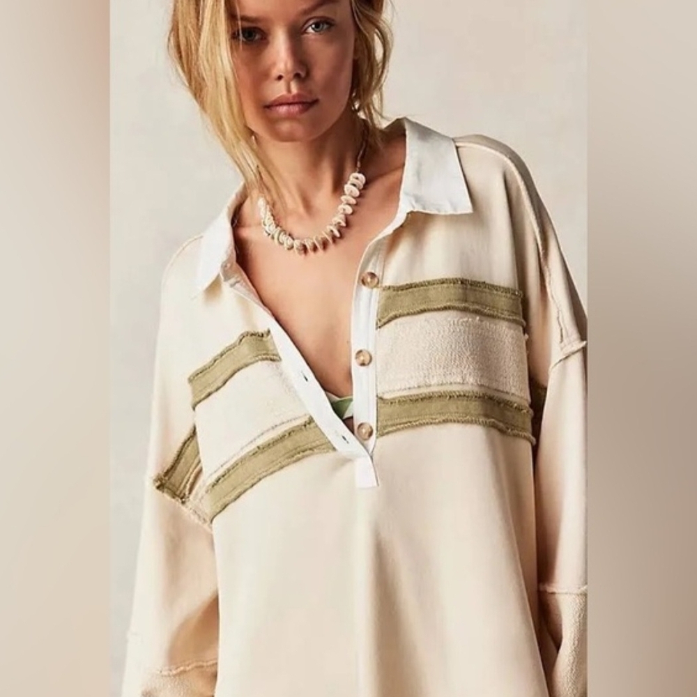 Free People Cream Midi Sweatshirt Dress with Olive Stripe - Picture 7 of 14